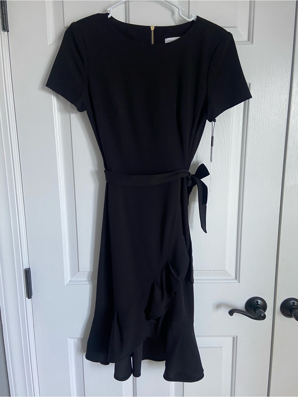 Calvin Klein NWT Black Short-Sleeve Ruffle Wrap Midi Dress Size 4 - Picture 10 of 10